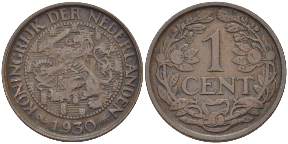 НИДЕРЛАНДЫ 1 ЦЕНТ 1930 ВИЛЬГЕЛЬМИНА (1890-1948) KM 152 бронза 100-1015