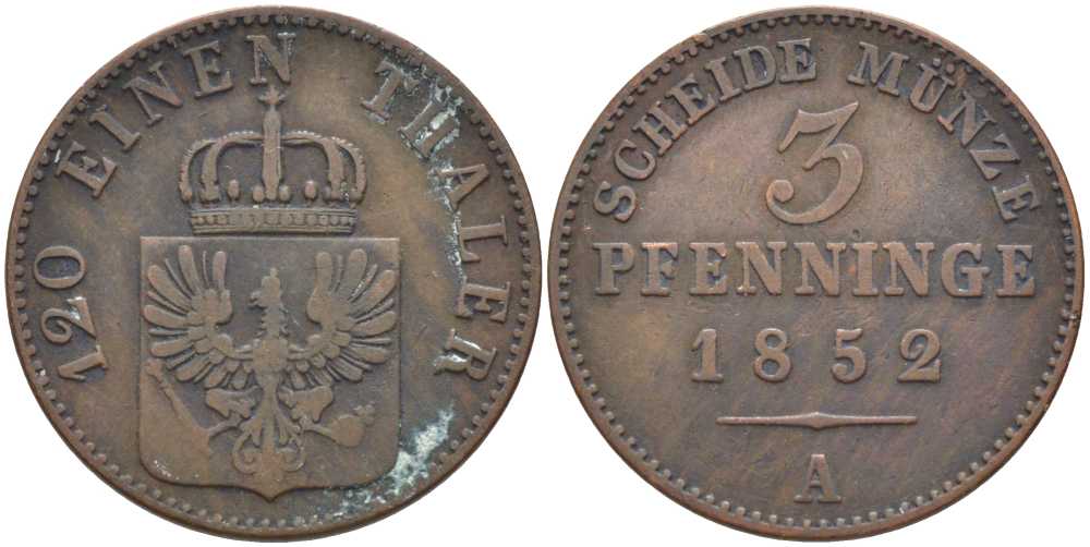 ПРУССИЯ 3 ПФЕННИГА 1852 А, ФРИДРИХ ВИЛЬГЕЛЬМ (1840-1861) KM 453 медь 117-157