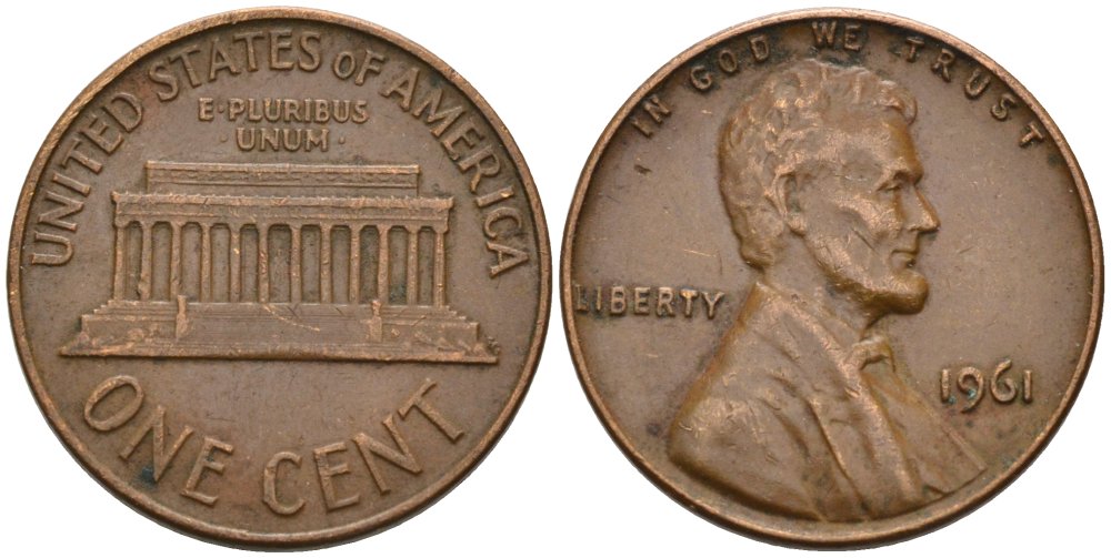США 1 цент 1961 Авраам Линкольн KM 201 медь цинк 4567-843