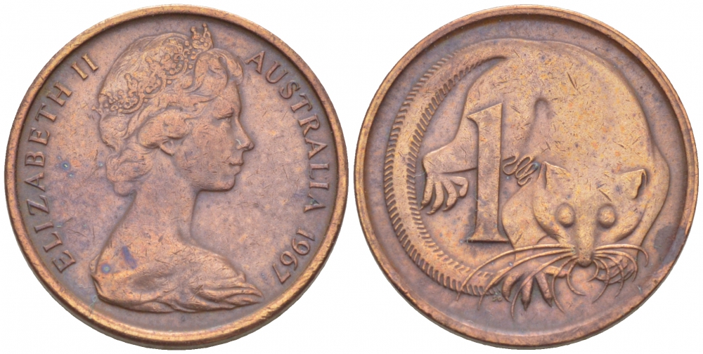 Австралия 1 цент 1967 Елизавета II (1953-), молодой портрет, опоссум КМ 62 бронза 3955-449