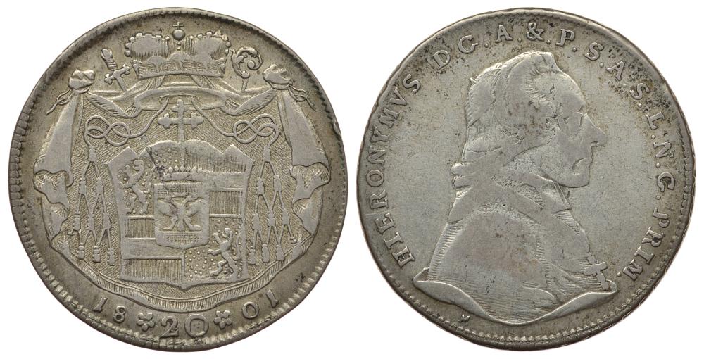 Австрия, Зальцбург 20 крейцеров 1801 М, Иеронимус фон Коллоредо (1772-1812) KM 460 серебро 1522-735