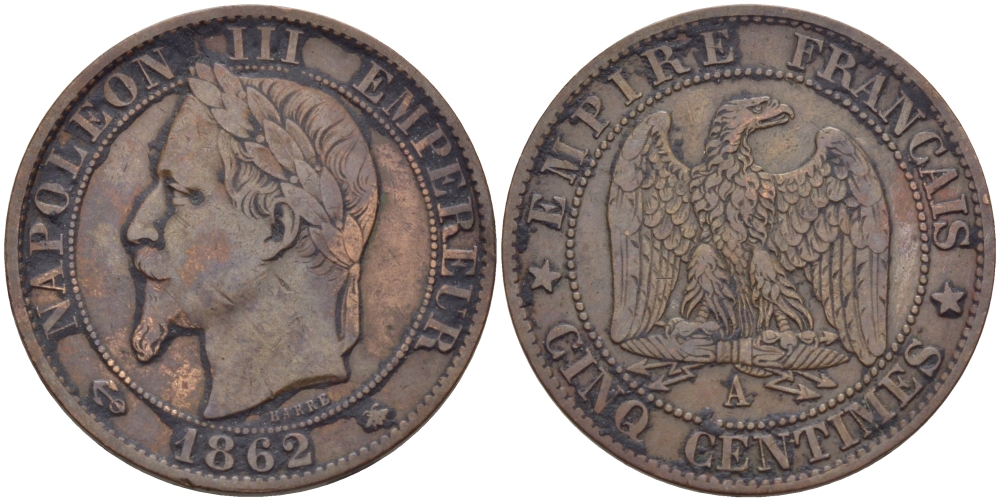 ФРАНЦИЯ 5 САНТИМОВ 1862 А, НАПОЛЕОН III (1852-1870) KM 797.1, LE FRANC 117.5 бронза 28-647
