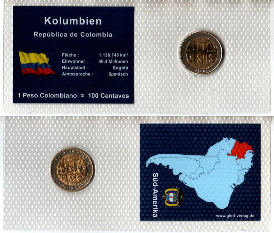 Колумбия 500 песо 2006 в красочной упаковке с информацией о стране KM 286 биметалл UNC 5-4-1-56