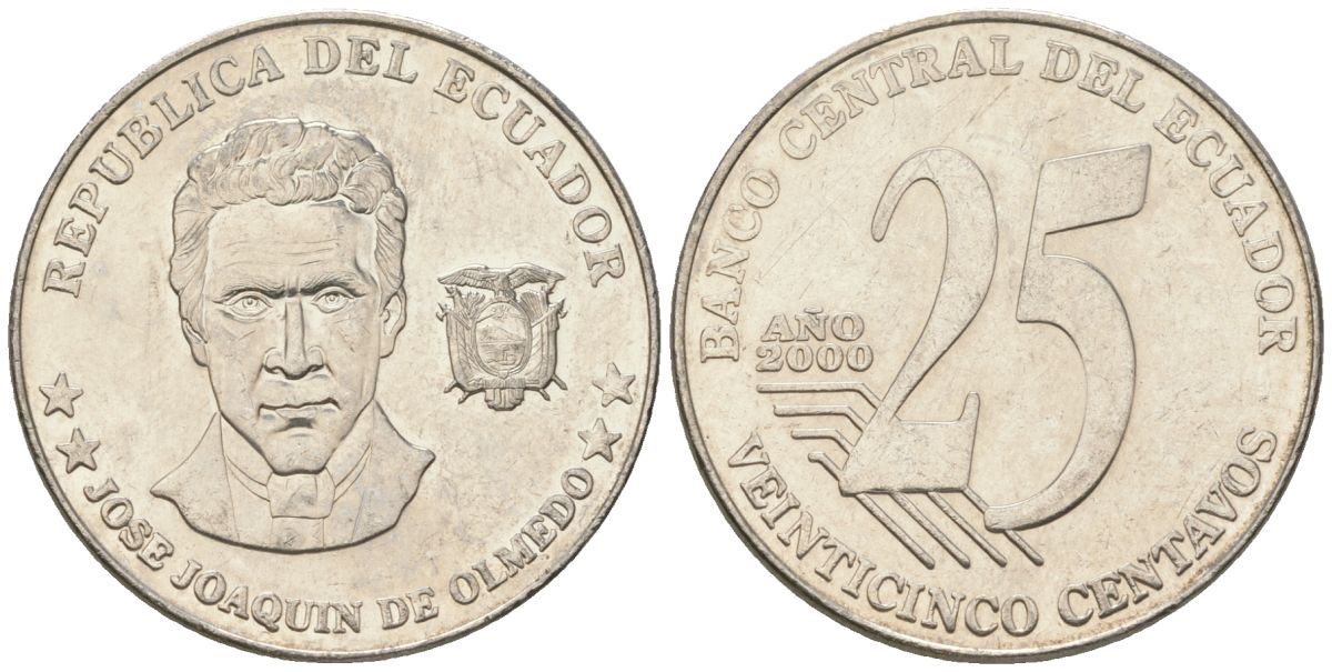 Эквадор 25 сентаво 2000 KM 107 сталь плакированная никелем 4448-812