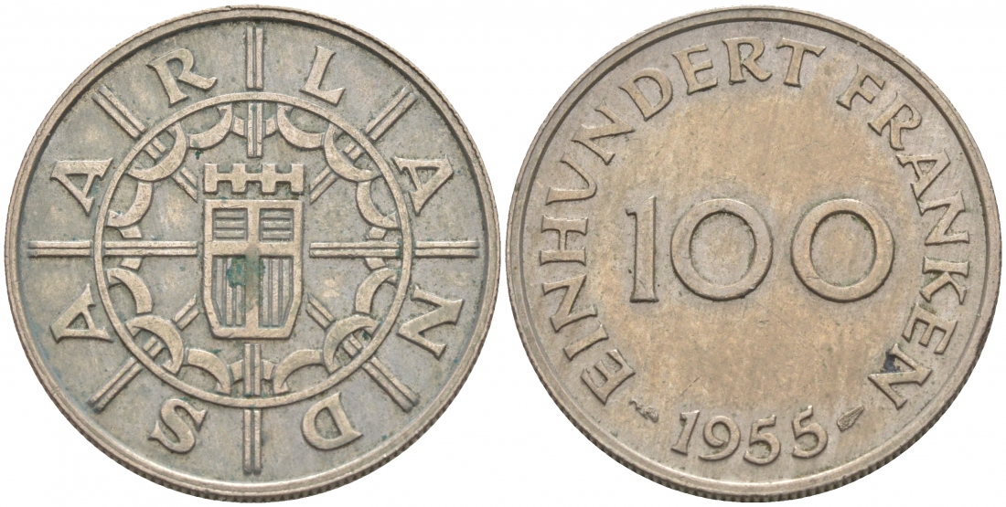Саарланд 100 франков 1955 индустрия KM 4 медно-никель 68-544
