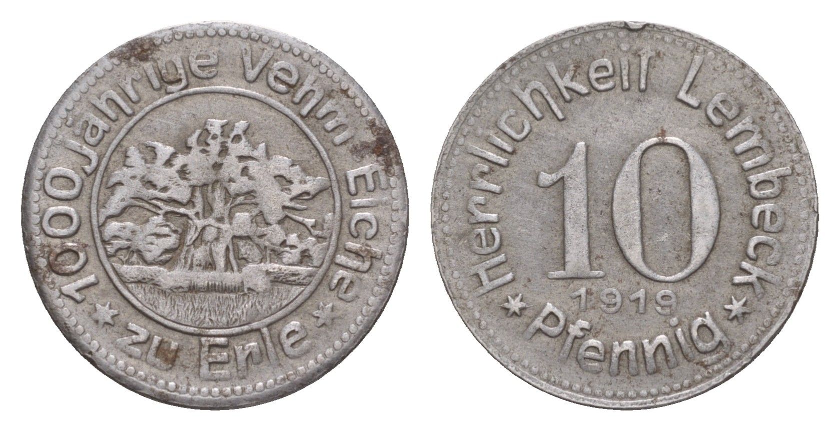 Лембек 10 пфеннигов 1919 Funck 286.2, Men18 18717.2 железо 4659-348