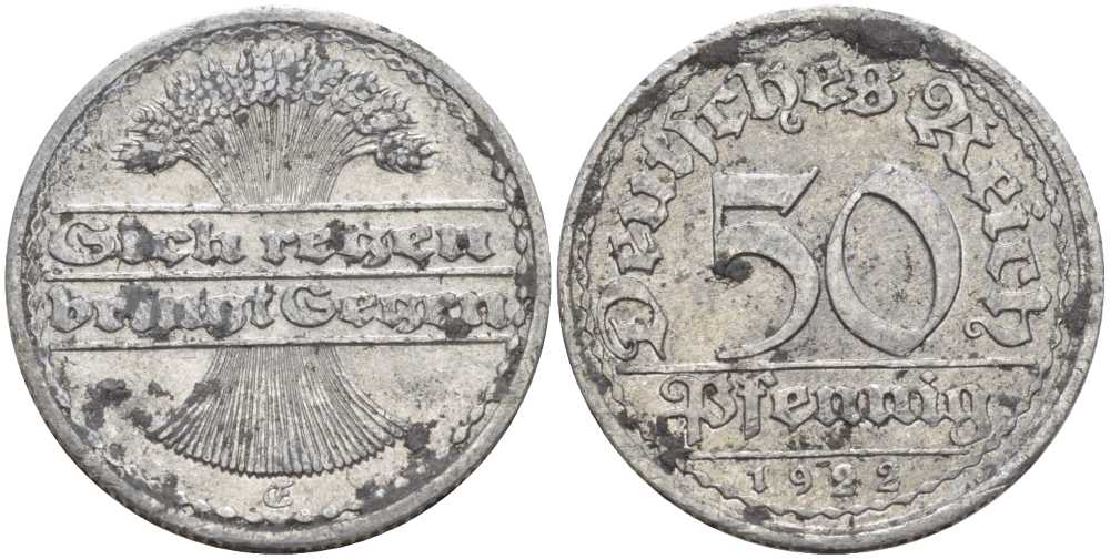 ГЕРМАНИЯ 50 ПФЕННИГОВ 1922 G KM 27, J. 301, Weege 10 алюминий 261-813