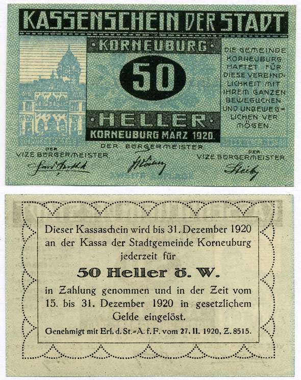 Австрия, Корнойбург 50 геллеров 1920 март 1920, нотгельд, 15-31 декабря 1920, земля Нижняя Австрия   бумага  UNC (пресс) 8614-29-1-2