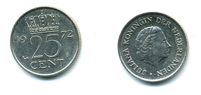 Нидерланды 25 центов 1972 Юлиана (1948-1980) KM 183 никель 76-521
