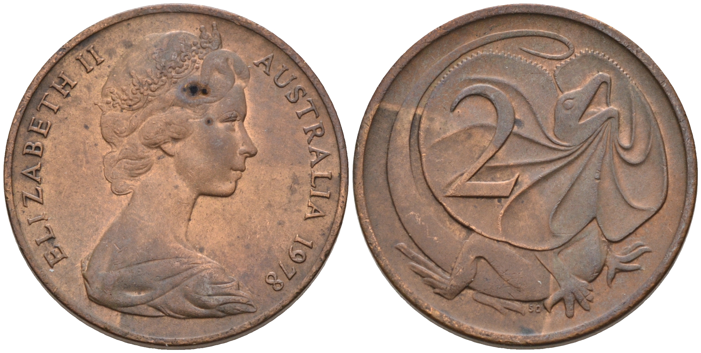 Австралия 2 цента 1978 Елизавета II (1952-2022), плащеносная ящерица (FRILLED LIZARD)  KM 63 бронза 4566-421
