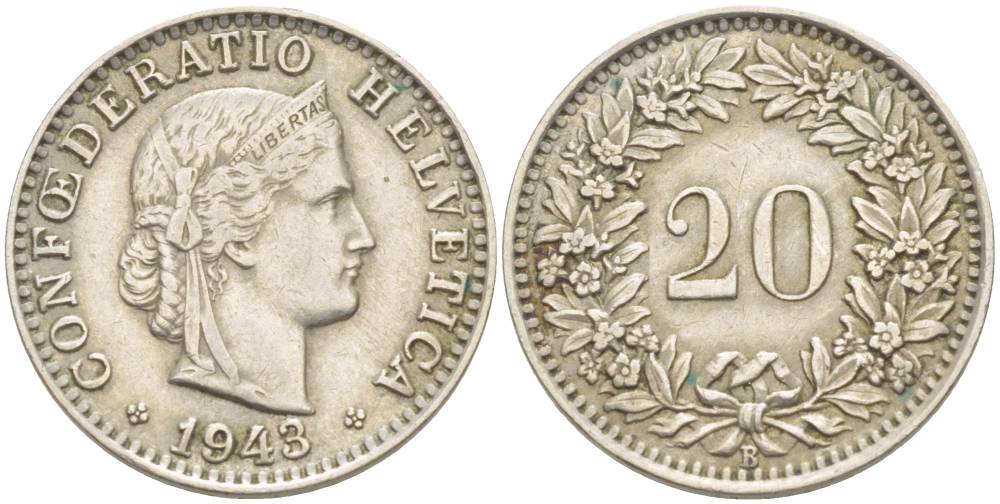 ШВЕЙЦАРИЯ 20 РАППЕНОВ 1943 В KM 29а медно-никель 4511-911