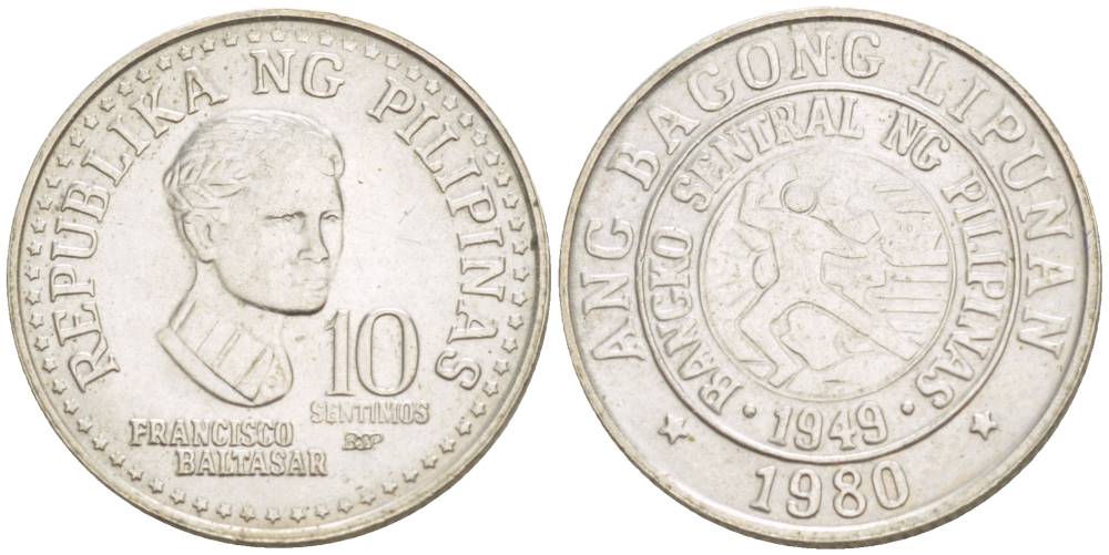 ФИЛИППИНЫ 10 СЕНТИМО 1980 ФРАНСИСКО БАЛЬТАЗАР KM 226 медно-никель 4544-521