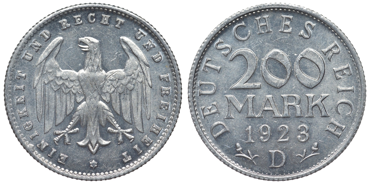 Германия 200 марок 1923 D KM 35, J. 304, Weege 22 алюминий 4119-527