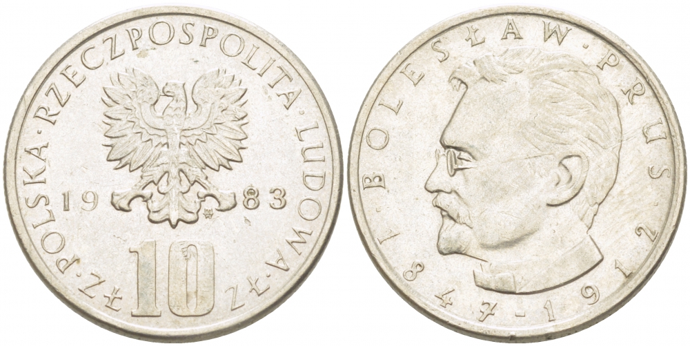 ПОЛЬША 10 ЗЛОТЫХ 1983 MW, БОЛЕСЛАВ ПРУС KM 73 медно-никель 77-426