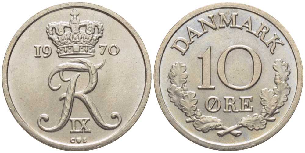 ДАНИЯ 10 ЭРЕ 1970 C;S, ФРЕДЕРИК IX (1947-1972) KM 849,1 медно-никель 201-1229