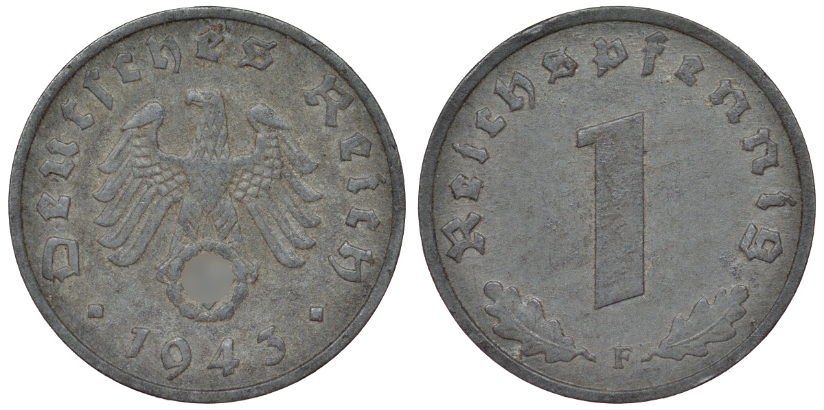 Германия 1 рейхспфенниг 1943 F KM 97, J. 369 цинк 4124-233