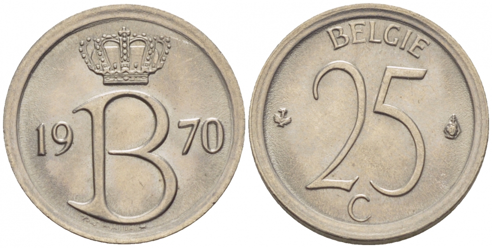 Бельгия 25 сантимов 1970 Belgie, Бодуэн I (1951-1993) KM 154.1 медно-никель UNC 3996-1121
