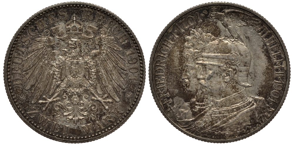 Пруссия 2 марки 1901 A, 200 лет Прусской королевской династии (Фридрих I - Вильгельм II) J.105, Weege 105, KM 525 серебро 3711-1112