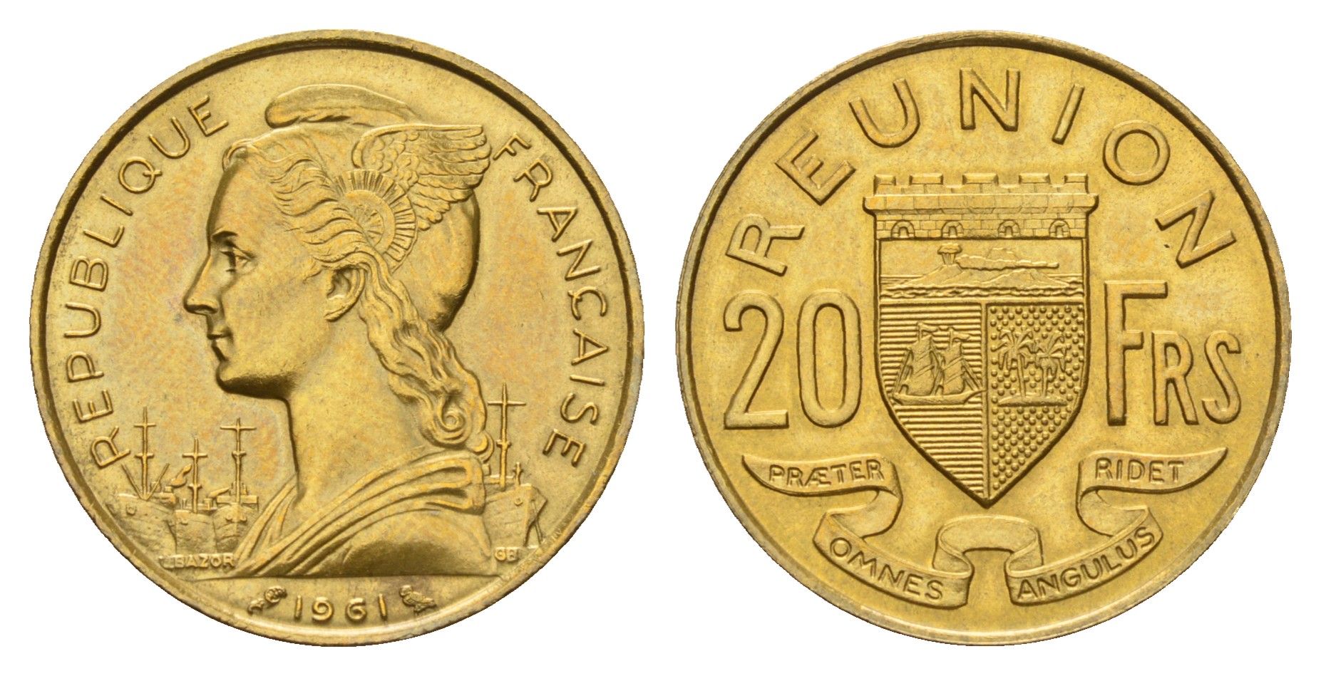 Реюньон 20 франков 1961 KM 11 алюминиевая бронза aUNC 4127-1842