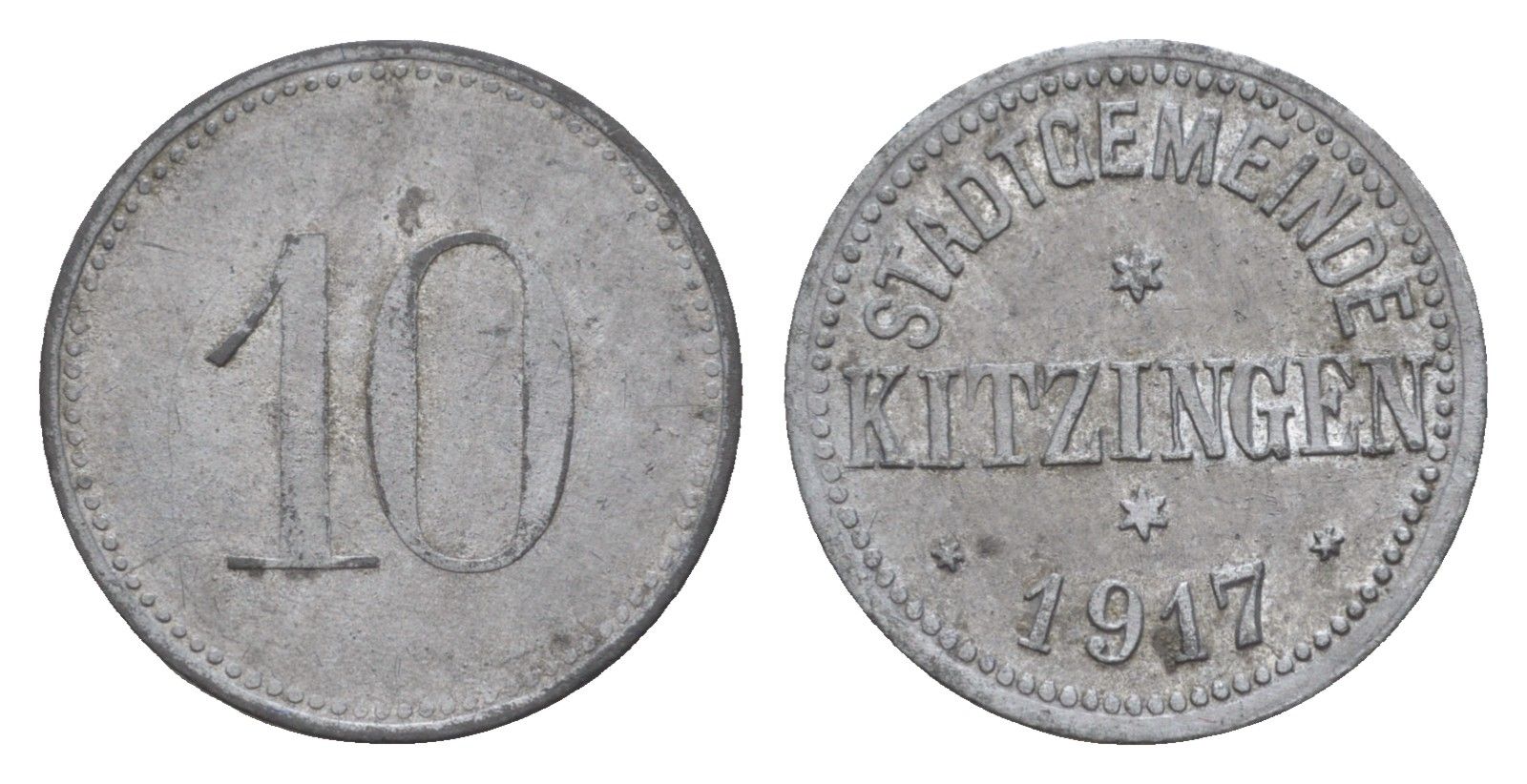 Китцинген 10 пфеннигов 1917 Funck 248.2, Men18 16548.2 цинк 4636-713