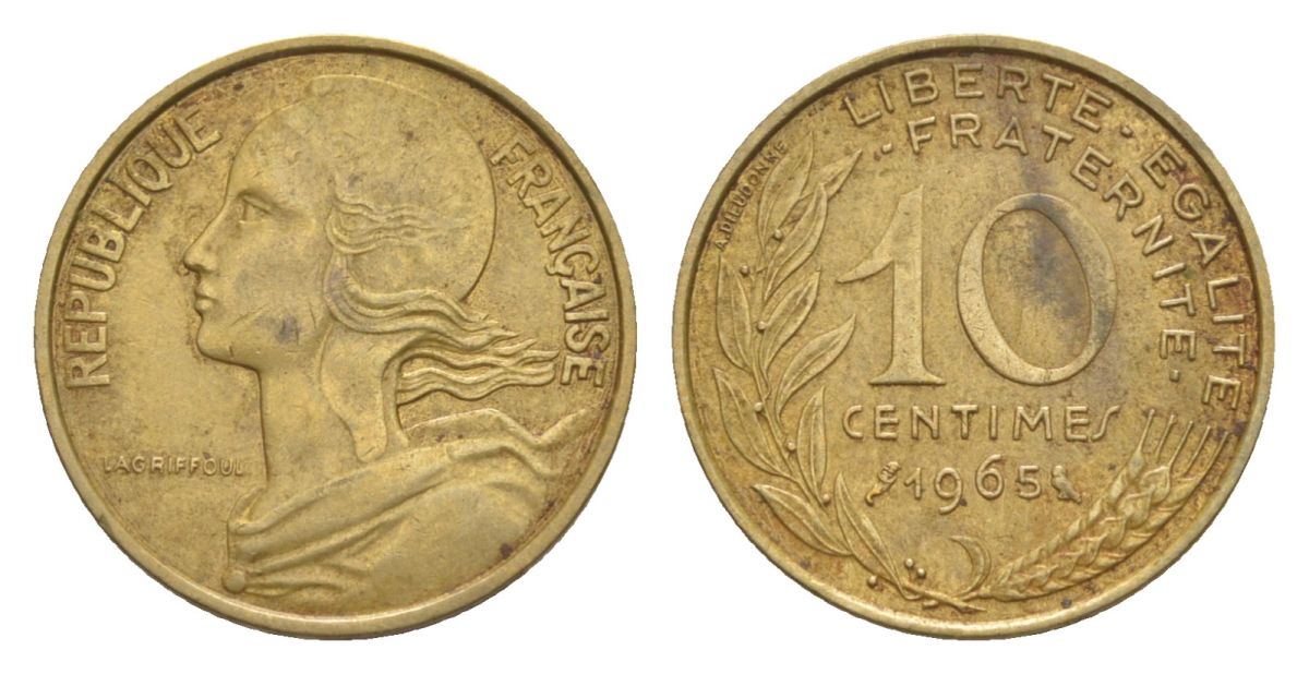 Франция 10 сантимов 1965 тип Morlon KM 929, Le Franc 144.5 алюминиевая бронза 4630-354