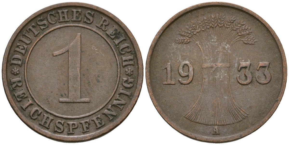 Германия 1 рейхспфенниг 1933 A KM 37, J. 313 бронза 4189-1217