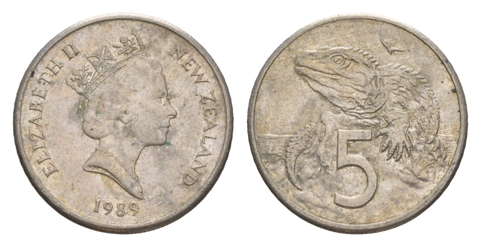 Новая Зеландия 5 центов 1989 Елизавета II (1952-2022), ящерица гаттерия KM 60 медно-никель 4594-452