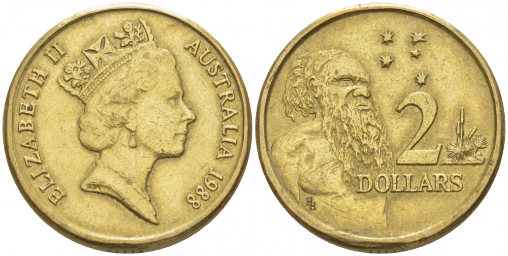 Австралия 2 доллара 1988 абориген, Елизавета II (1953-) KM 101 алюминиевая бронза 3457-733