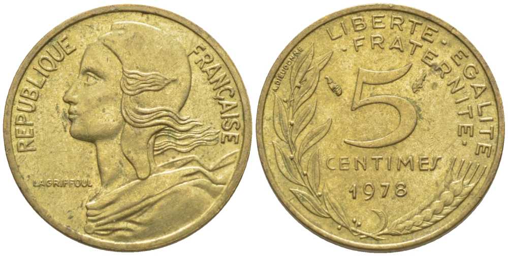 ФРАНЦИЯ 5 САНТИМОВ 1978 ТИП MARIANNE KM 933, LE FRANC 125.14 медь алюминий никель 116-449