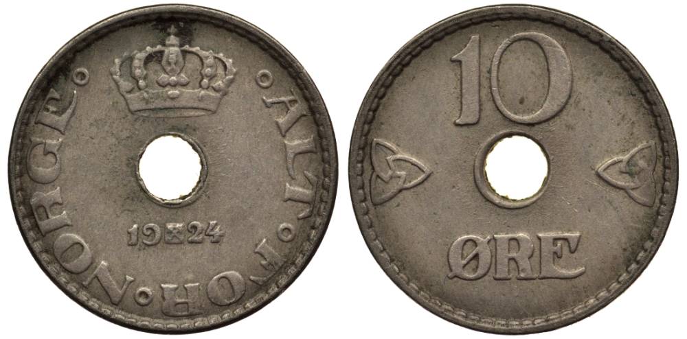 Норвегия 10 эре 1924 Хокон VII (1905-1957) KM 383 медно-никель 4549-944