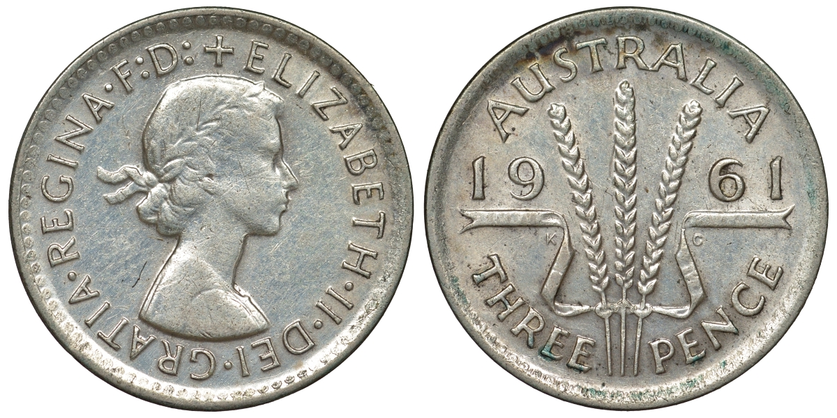 Австралия 3 пенса 1961 m, Елизавета II (1952-2022) KM 57 серебро 71-819