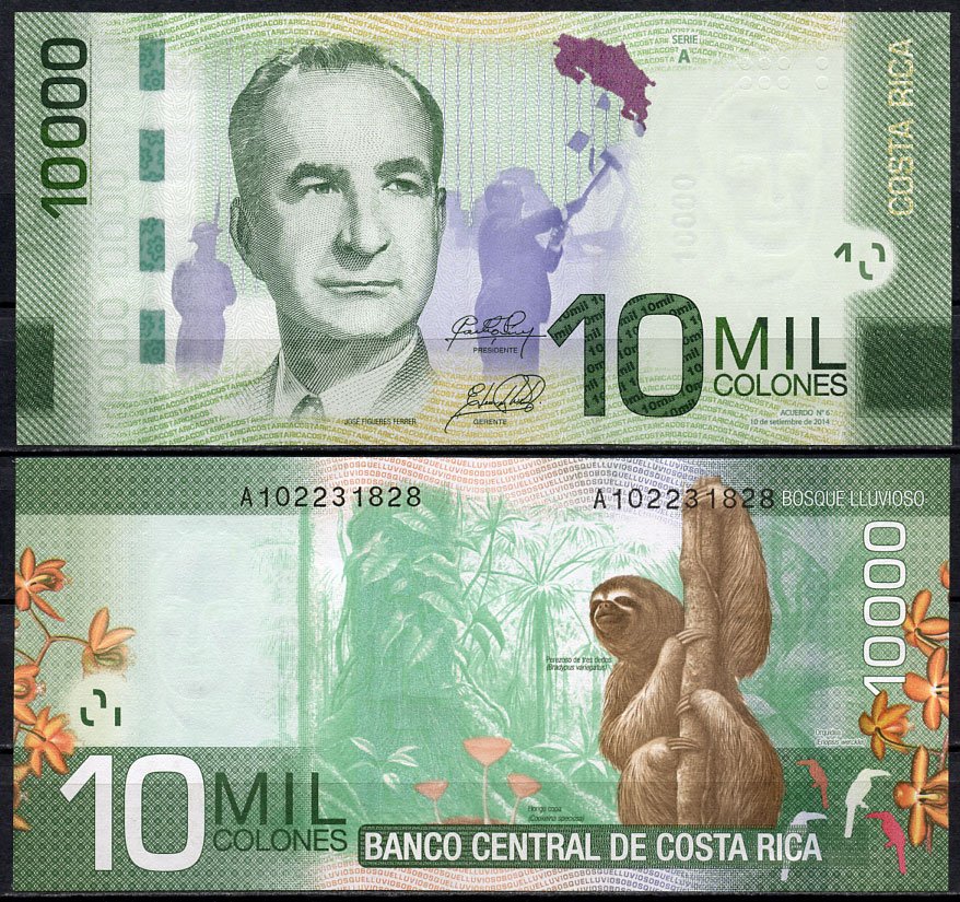 Коста-Рика 10000 колонов 2014 Хосе Фигерес Феррер, трехпалый ленивец Pick 277 b  бумага  UNC (пресс) 451-544-2