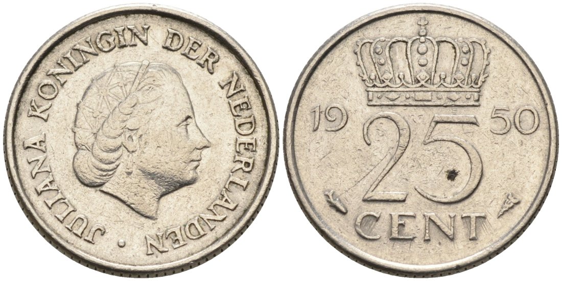 Нидерланды 25 центов 1950 Юлиана (1949-1980) KM 183 никель 4567-547