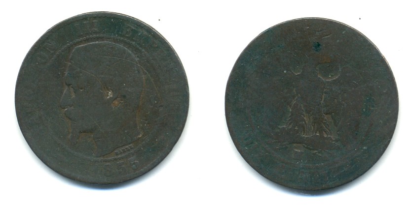 ФРАНЦИЯ 10 САНТИМОВ 1855 М, НАПОЛЕОН III (1852-1870) KM 771.6 бронза 80-623