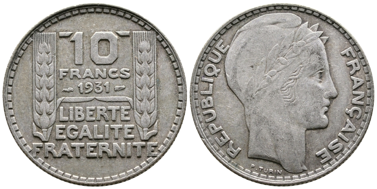 Франция 10 франков 1934 Пьер Тюрен KM 878, Le Franc 360.7 серебро 93-636
