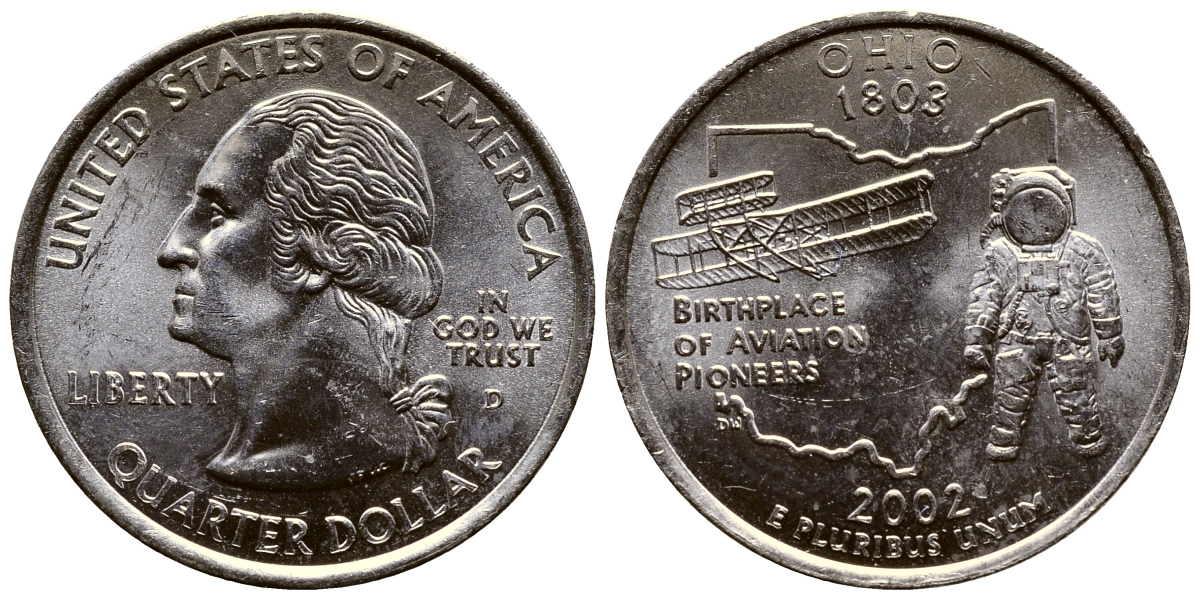 США 25 центов = квотер 2002 D, серия штаты США, Огайо KM 332 медь плакированная медно-никелем UNC 80-312