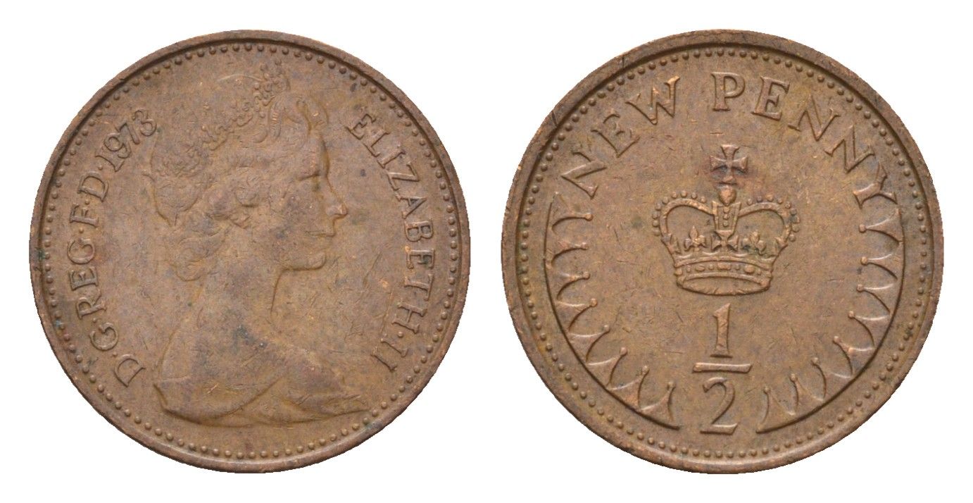Великобритания 1/2 пенни 1973 Елизавета II (1952-2022) KM 914, Spink 4239 бронза 4708-339