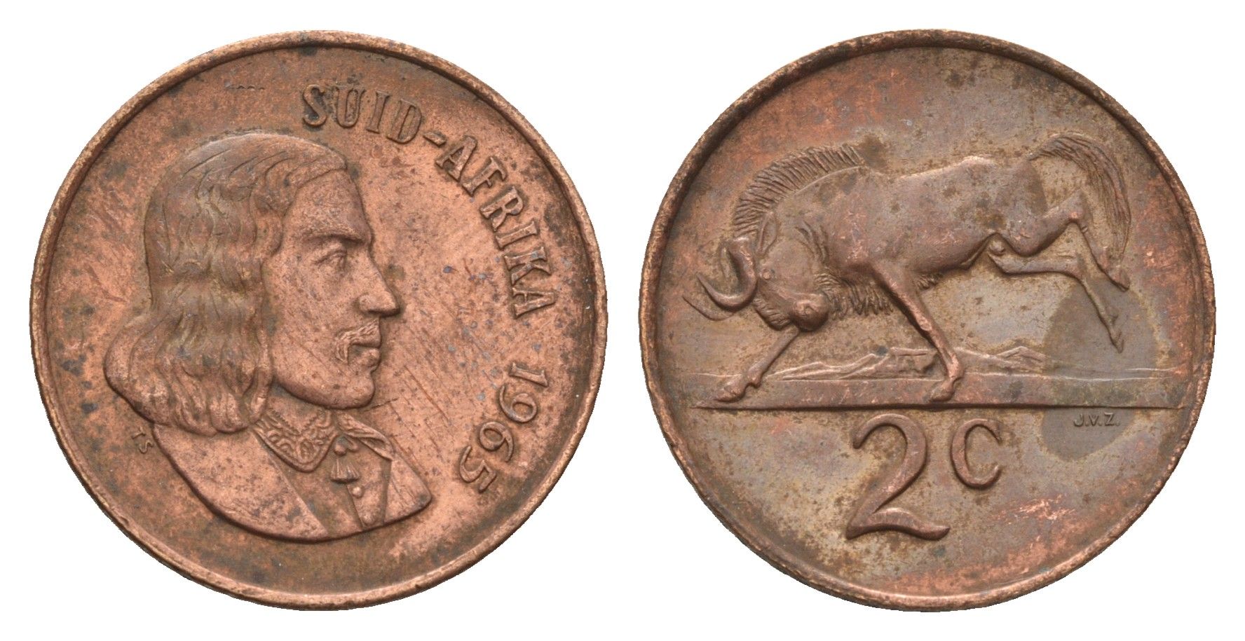 ЮАР 2 цента 1965 Ян ван Рибек (1619-1677), Suid Africa, легенда на африкаанс, антилопа гну KM 66.2 бронза 4121-132