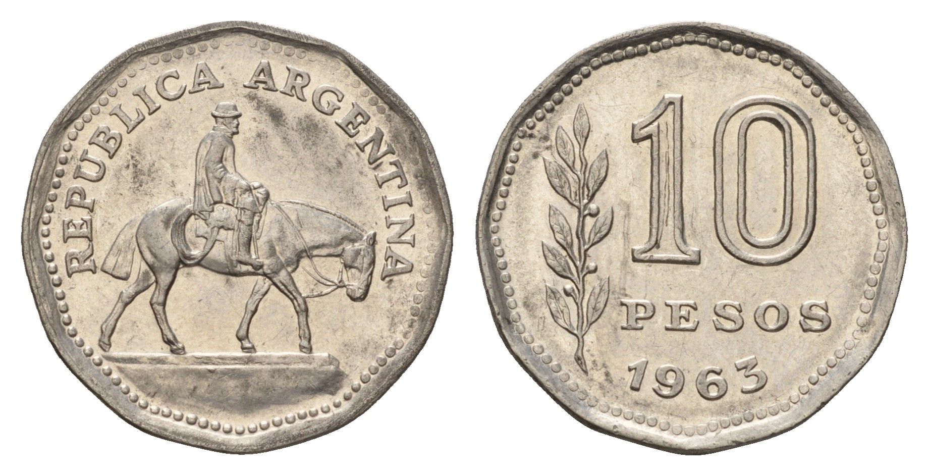 Аргентина 10 песо 1963 Гаучо KM 60 сталь плакированная никелем 4566-224