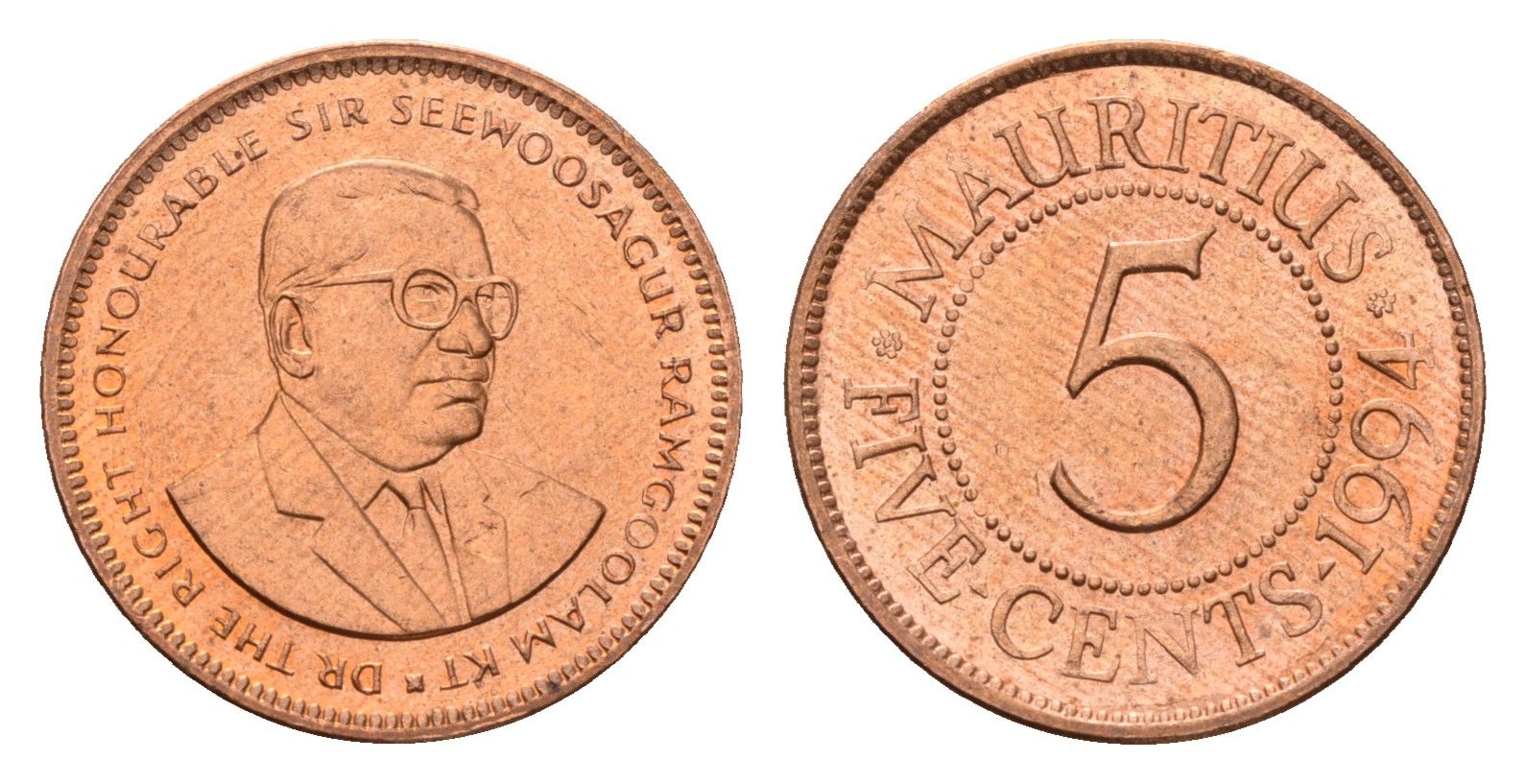 Маврикий 5 центов 1994 KM 52 сталь плакированная медью UNC 4588-257