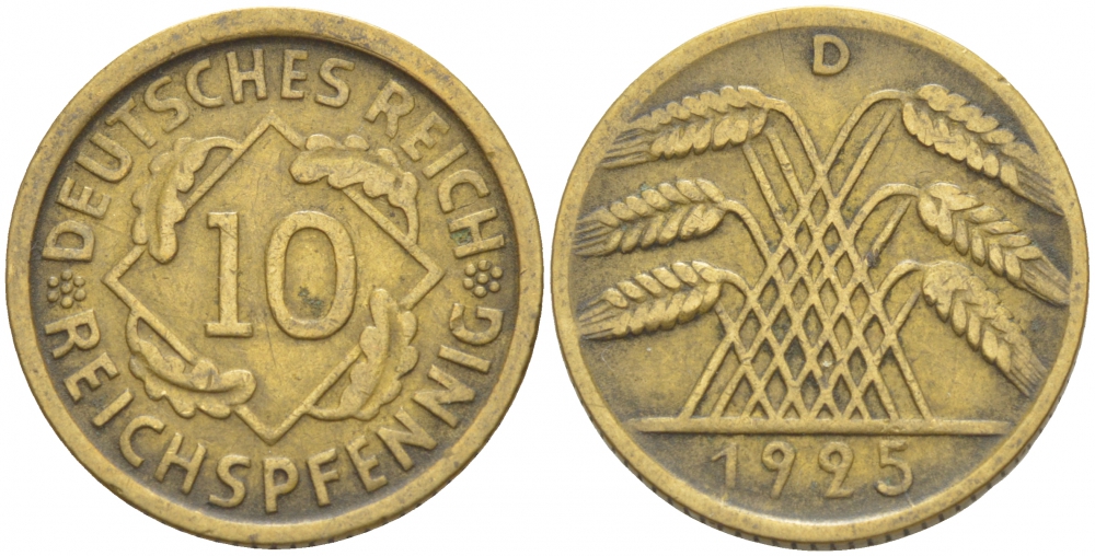 ГЕРМАНИЯ 10 РЕЙХСПФЕННИГОВ 1925 D KM 40, J.317 алюминиевая бронза 4539-1021