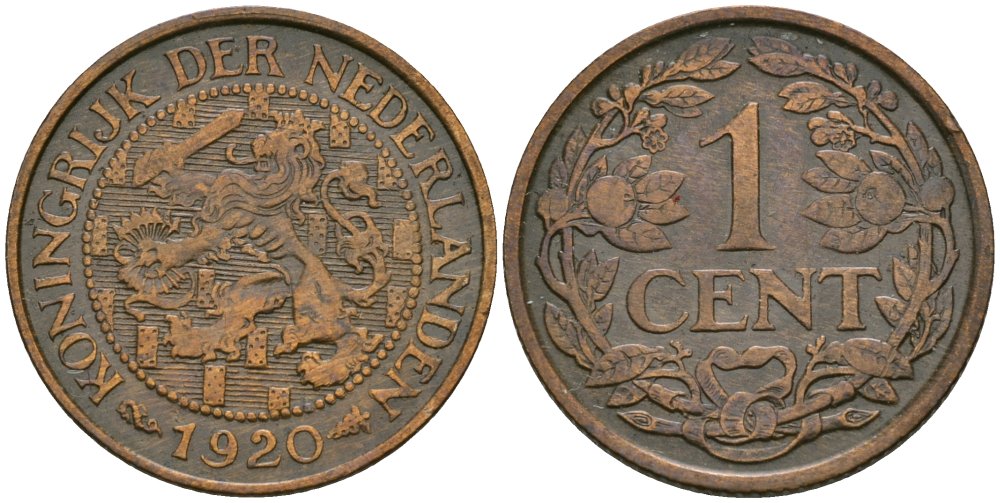 Нидерланды 1 цент 1920 Вильгельмина (1890-1948) KM 152 бронза 4576-1039