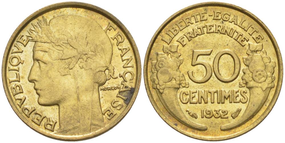 ФРАНЦИЯ 50 САНТИМОВ 1932 ТИП MORLON, OPEN 9, С ЯГОДОЙ KM 894.1, LE FRANC 192.7 алюминиевая бронза 44-731