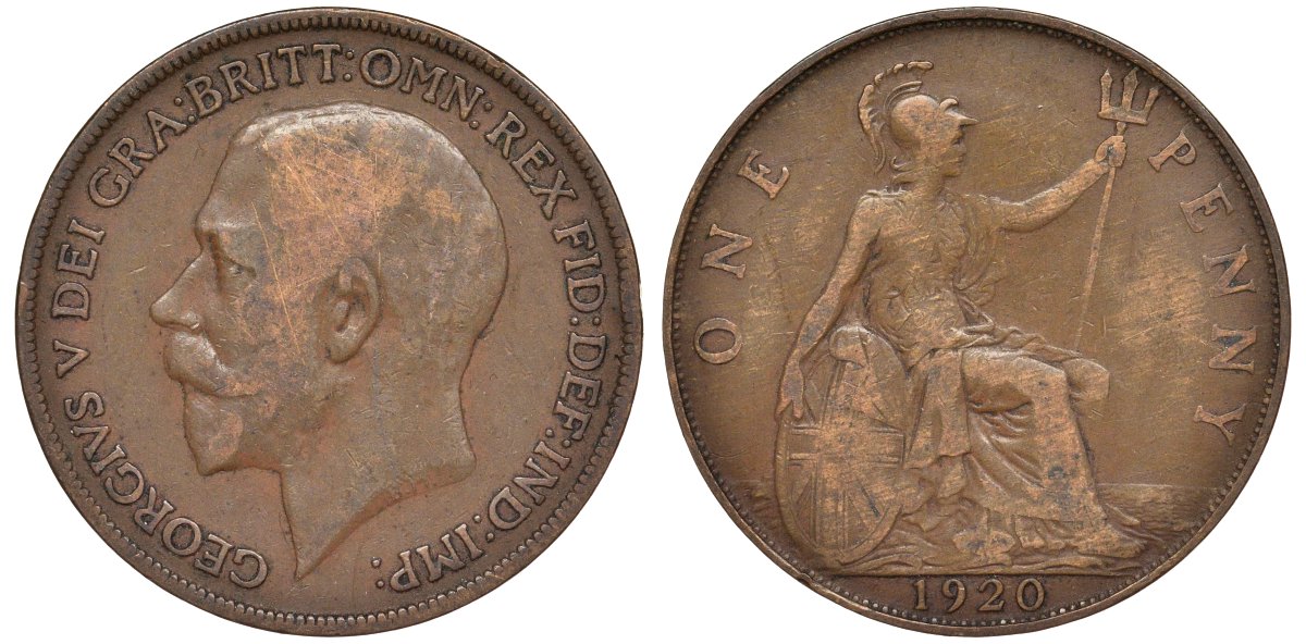 Великобритания 1 пенни 1920 Георг V (1910-1936) KM 810, Spink 4051 бронза 4123-1126