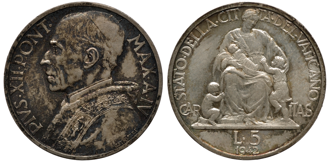 Ватикан 5 лир 1942 Пий XII KM 37, Pagani 757 серебро UNC 00-806-26