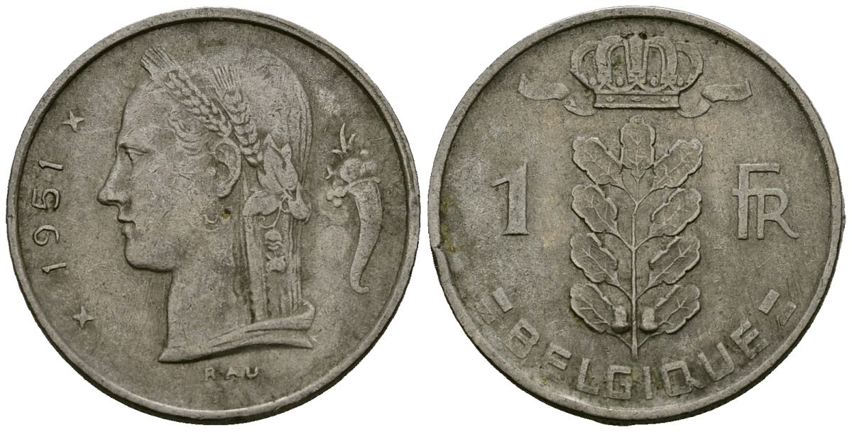 Бельгия 1 франк 1951 Belgique KM 142 медно-никель 4172-531