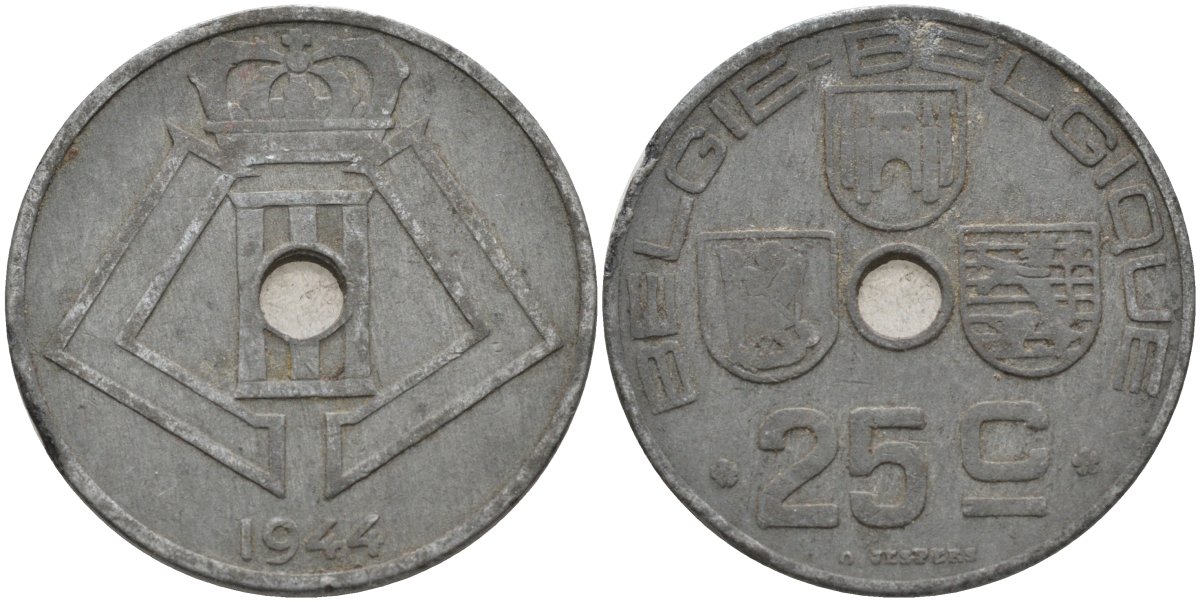 Бельгия 25 сантимов 1944 BELGIE-BELGIQUE KM 132 цинк 4117-1142