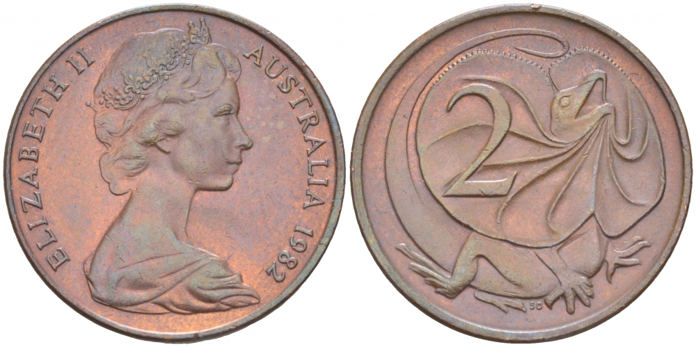 АВСТРАЛИЯ 2 ЦЕНТА 1982 ЕЛИЗАВЕТА II (1953-), ЕЛИЗАВЕТА II, МОЛОДОЙ ПОРТРЕТ, ПЛАЩЕНОСНАЯ ЯЩЕРИЦА (FRILLED LIZARD) KM 63 бронза 4519-454