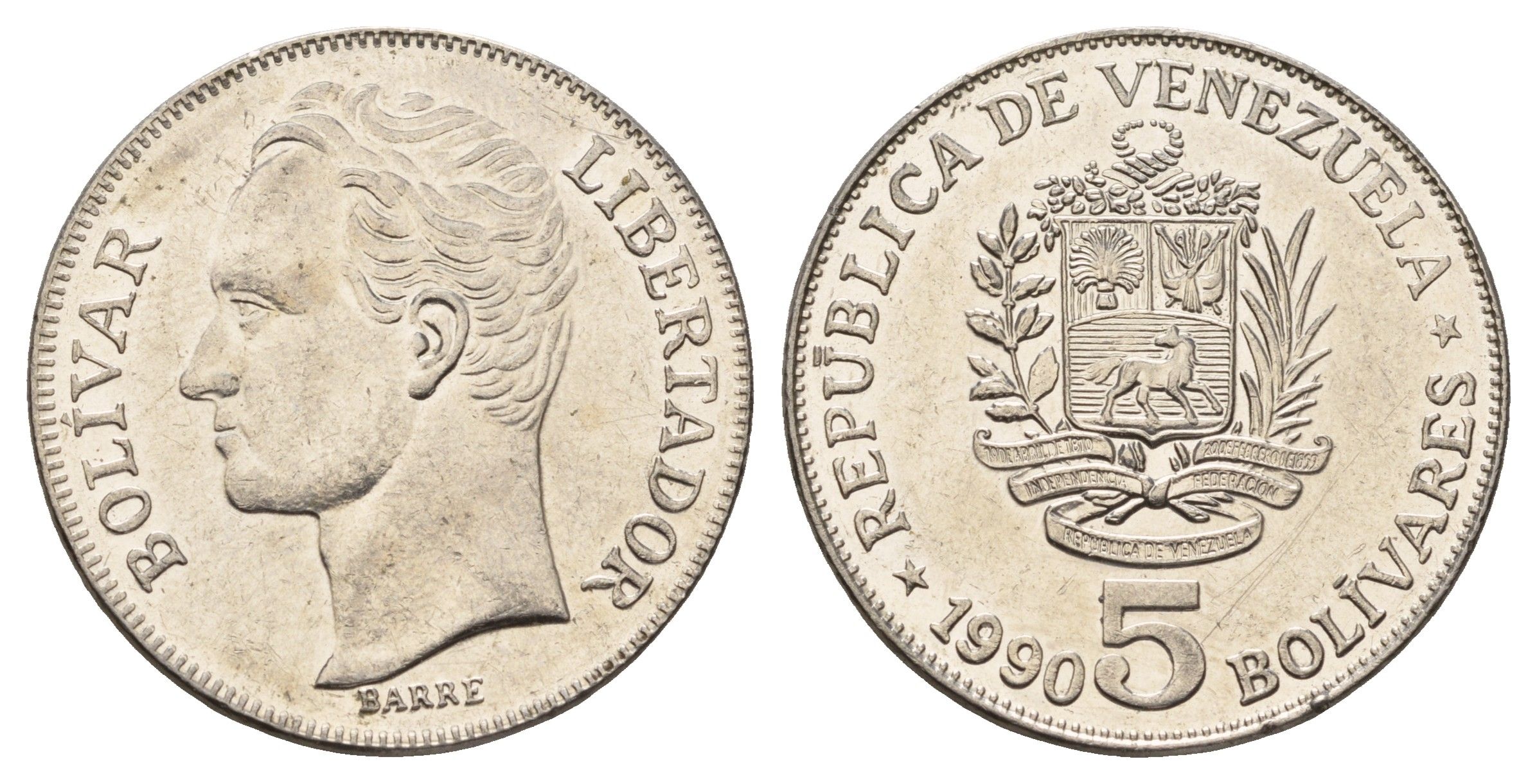 Венесуэла 5 боливаров 1990 Симон Боливар Y 53a сталь плакированная никелем aUNC 4645-1145