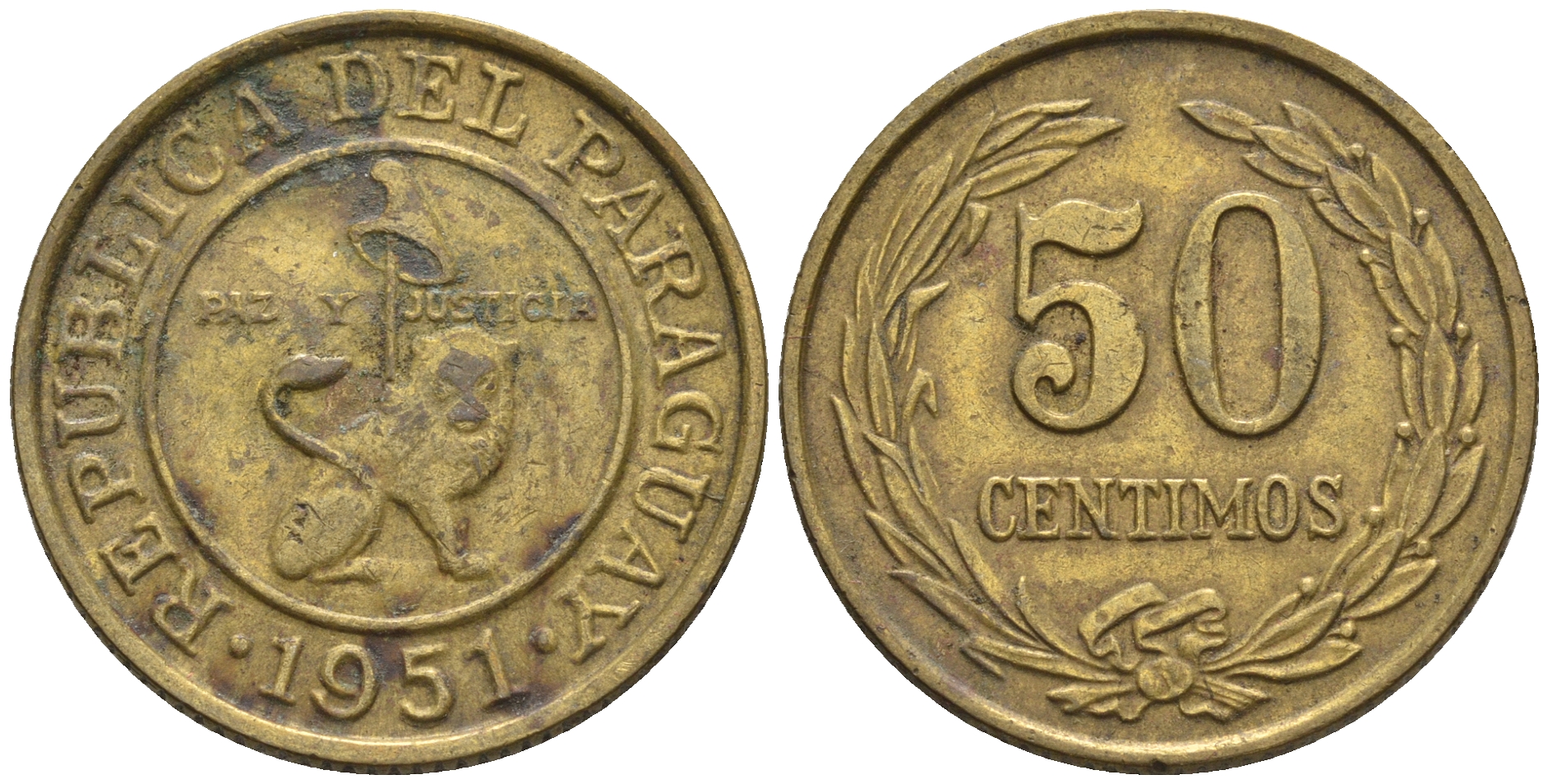 Парагвай 50 сентимо 1951 лев, фригийский колпак на шесте KM 24 алюминиевая бронза    4177-757